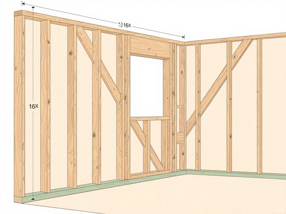 Wood wall framing with vertical studs, double top plate, and sole plate